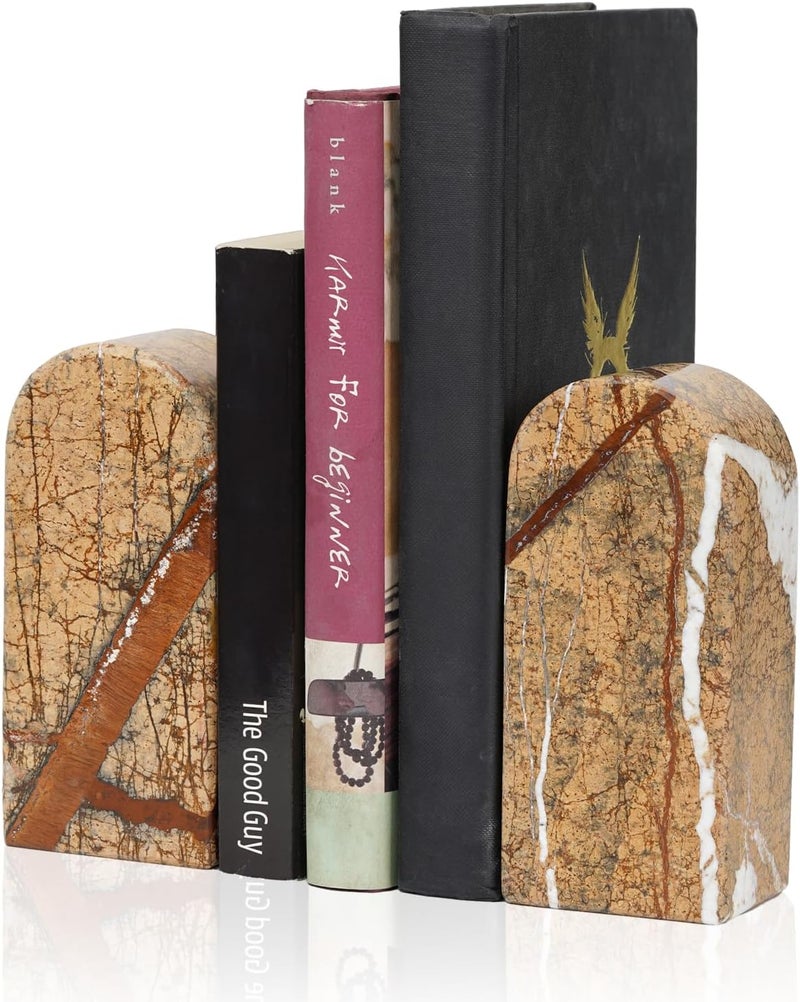 Koville Indian Natural Marble Bookends for Shelves, Decorative Book Ends, 7lbs Heavy-Duty Marble Book Holders, Bookshelf Apartment Decor for Normal Books/CD/Video Games(Rainforest Gold) - Image 1